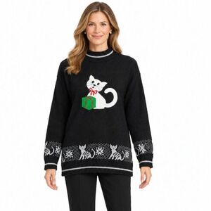 Jennifer Adams Women's Black Christmas Cat Vintage 90s LS Mockneck Sweater Sz M